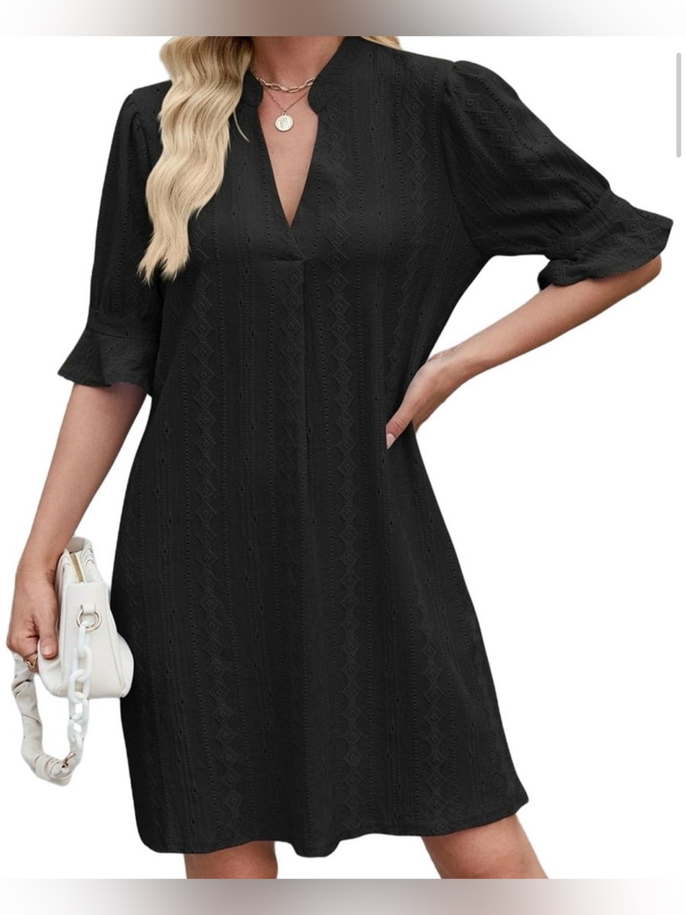 Black Ruffle Short Sleeve Casual V Neck T Shirt Dress - Large
